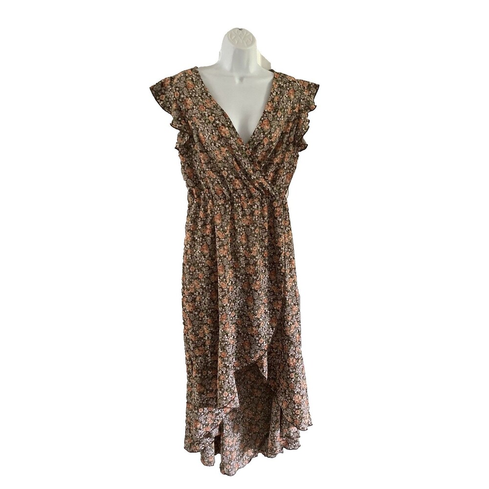 Grecerelle Brown Floral Maxi Dress Size M Flutter Sleeve Boho Cottage Prairie